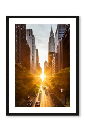 Sunset light shining on the buildings and cars on 42nd Street in Midtown New York City around the time of the Manhattanhenge summer solstice