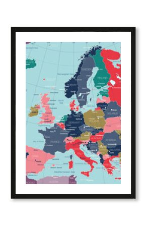 Europe detailed editable map with regions cities and towns, roads and railways. Vector EPS-10 file