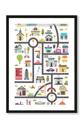 Vertical children's map with roads, cars, buildings.Nursery design for posters, carpet, children's room. Vector illustration