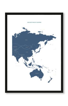 A detailed map of Asia-Oceania. Asia -South Pacific map vector with country and capital name.