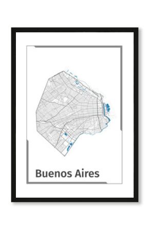 Buenos Aires map poster, administrative area plan view. Black, white and blue detailed design.