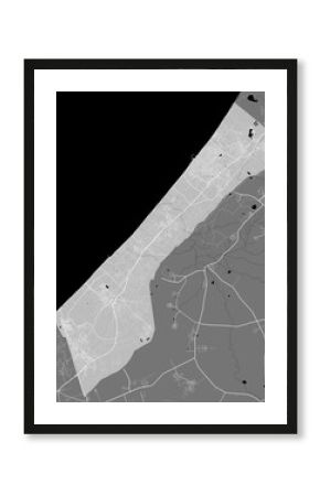 Detailed map of Gaza Strip, linear print map, land panorama. Black and white.