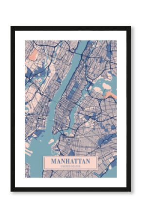 New York city map poster print. Detailed map of New York, Manhattan (United Stated). 