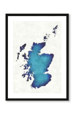 Scotland map with drawn lines and blue watercolor illustration