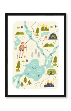 Map creator forest hiking camping. Hiking, Camping. Adventure nature poster for nursery room. Children design card vector doodle naive art illustration