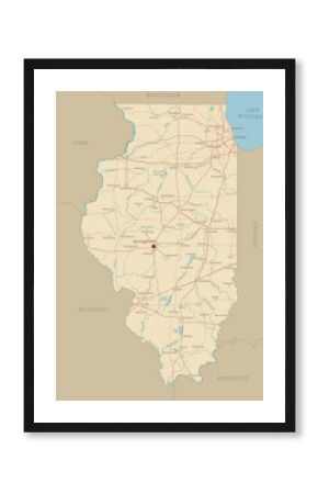 Road map of Illinois, US American federal state. Editable highly detailed Illinois transportation map with highways and interstate roads, rivers and cities realistic vector illustration