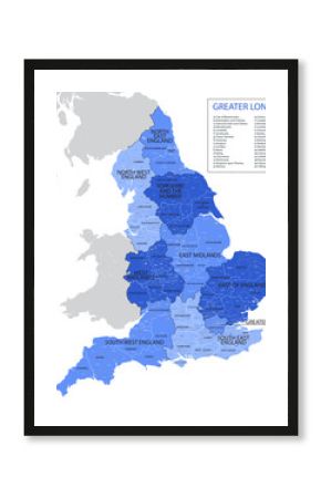 Vector, blue map of England with division into regions, counties and districts