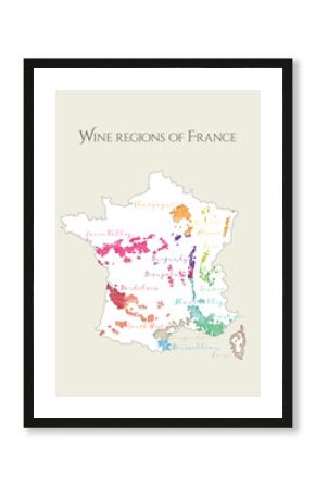 Wine map of France. France wine regions, wine regions in France. Champagne, Loire, Burgundy, Beaujolais, Bordelais, Languedoc, Roussillion, Corse, Rhone, Provence, Savoie, Bugey, Jura, Alsace, Moselle