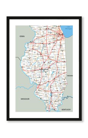 High detailed Illinois road map with labeling.