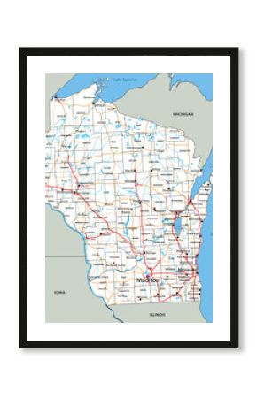 High detailed Wisconsin road map with labeling.