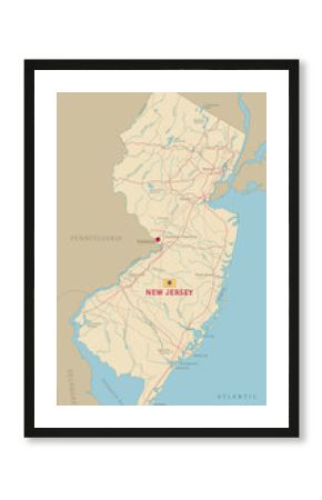 Road map of New Jersey US American federal state. Editable highly detailed transportation map of New Jersey with highways and interstate roads, rivers, lakes and cities vector illustration