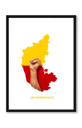 Karnataka map yellow and red flag with hand to show power of Karnataka, JAI KARNATAKA Kannada  