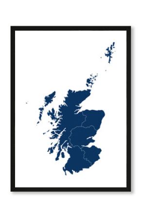 Scotland map. Map of Scotland in administrative regions in blue color