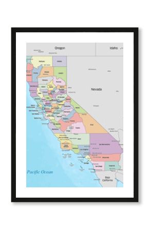 Colorful political map of the counties that make up the state of California located in the United States.