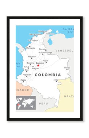 Colombia map with capital Bogota, most important cities and national borders