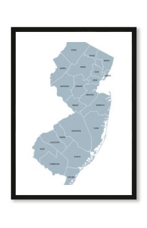 New Jersey, U.S. state, gray political map with borders and county names. State in the Mid-Atlantic and Northeastern region of the United States, subdivided into 21 counties, nicknamed Garden State.