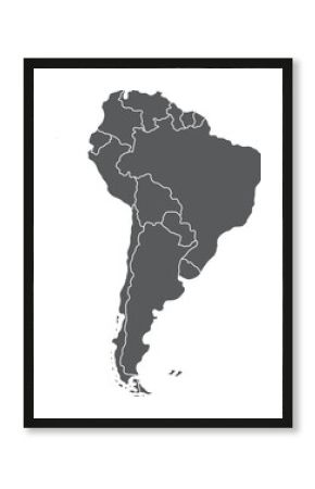 Highlighted detailed blank flat political map of South (Latin) American continent on isolated background