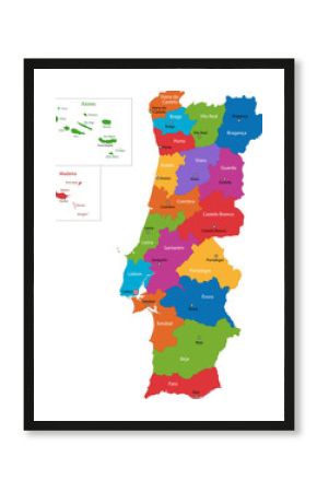 Colorful Portugal map with regions and main cities