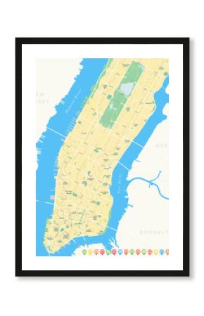 New York Map - Lower and Mid Manhattan. Highly detailed vector map including all streets, parks, names of subdistricts, points of interests, labels, neighborhoods.