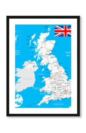 United Kingdom map, flag, roads - - highly detailed vector illustration. Image contains land contours, country and land names, city names, water object names, flag, roads, railways.