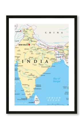 India political map with capital New Delhi, national borders, important cities, rivers and lakes. English labeling and scaling. Illustration.