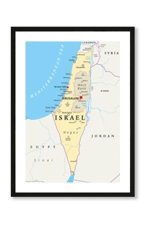 Israel political map with capital Jerusalem, national borders, important cities, rivers and lakes. English labeling and scaling. Illustration.