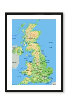 High detailed United Kingdom physical map with labeling.