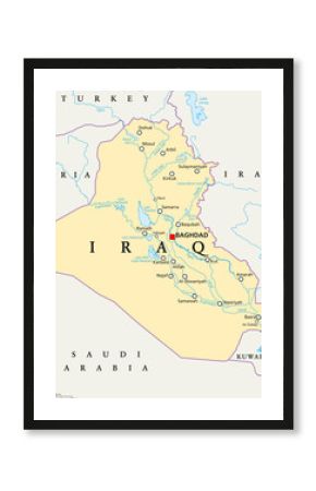 Iraq political map with capital Baghdad, national borders, important cities, rivers and lakes. Also called Mesopotamia, the land between Tigris and Euphrates. English labeling. Illustration.