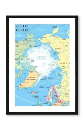 Arctic region political map with countries, capitals, national borders, important cities, rivers and lakes. Arctic Ocean with average minimum extent of sea ice. English labeling and scaling.