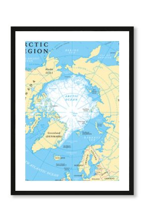 Arctic region map with countries, capitals, national borders, rivers and lakes. Arctic Ocean with average minimum extent of sea ice. English labeling and scaling.