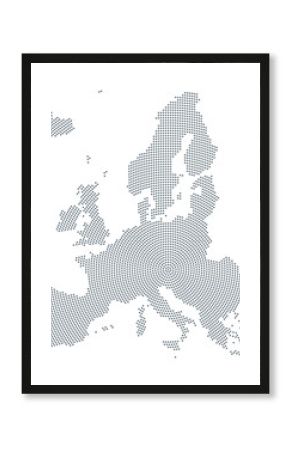 Europe map radial dot pattern. Gray dots going from the center outwards and form the silhouette of the European Union area. Illustration on white background. Vector.