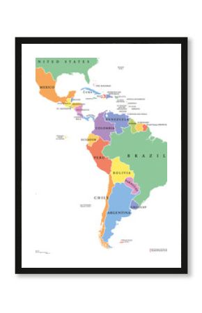 Latin America single states political map. Countries in different colors, with national borders and English country names. From Mexico to the southern tip of South America, including the Caribbean.