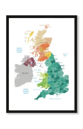 Wielka Brytania - szczegółowa mapa hrabstw kolorowa wysoka