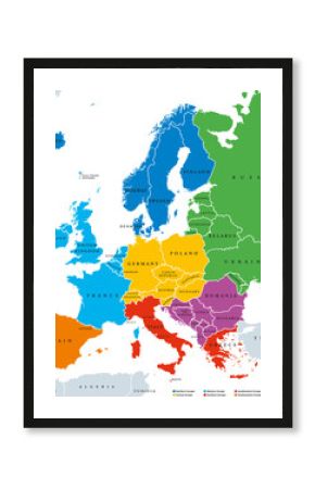 Regions of Europe, political map, with single countries and English labeling. Northern, Western, Southeastern, Eastern, Central, Southern, Southwestern Europe in different colors. Illustration. Vector
