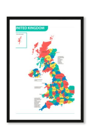The detailed map of the United Kingdom with regions or states and cities, capitals. Actual current relevant UK, Great Britain administrative devision.