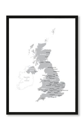 UNITED KINGDOM MAP with big cities, UK MAP with borders on grey background.