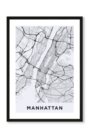 Light Manhattan (New York) map. Road map of Manhattan (NYC). Black and white (light) illustration of Manhattan's streets. Transport network of Manhattan. Printable poster format (portrait).