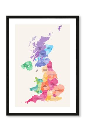 Wysokie szczegółowe mapy wektorowe okręgów administracyjnych Wielkiej Brytanii pokolorowane według regionów z edytowalnymi i oznaczonymi warstwami