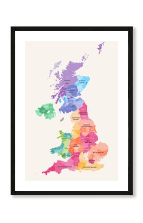 United Kingdom administrative districts high detailed vector map colored by regions with editable and labelled layers