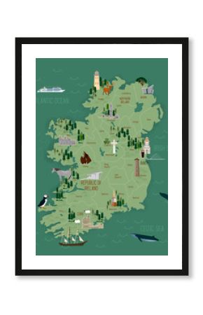 Vector illustration of Ireland map with landmarks, destinations and cities, road map. Ireland culture set, famous architectures and specialties. Business and tourism concept clipart, icons.