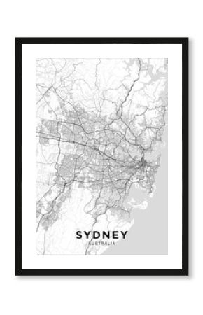 Sydney (Australia) city map. Black and white poster with map of Sydney. Scheme of streets and roads of Sydney.