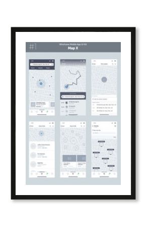 Wireframe kit for mobile phone. Mobile App UI, UX design. New map position: popular places, close to me cafes and restaurants, address, way, search, filter, route, list and pick location screens.
