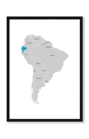 Vector illustration with simplified map of South America continent with blue contour of Ecuador. Grey silhouettes, white outline of states' border