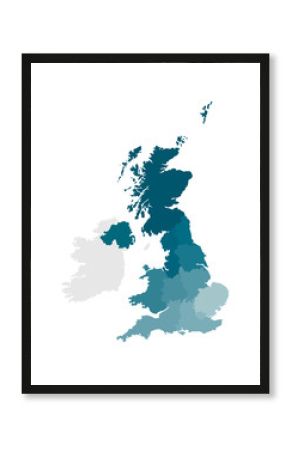 Vector isolated illustration of simplified administrative map of the United Kingdom of Great Britain and Northern Ireland. Borders of the regions. Colorful blue khaki silhouettes