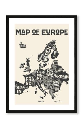Europe, map. Poster map of the Europe with country names