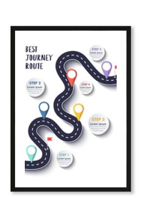 The Best Journey Route. Road trip and Journey route. Business and Journey Infographic Design Template with flags and place for your data. Winding road on a colorful background. Vector EPS 10