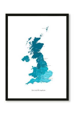 Vector modern isolated illustration. Simplified administrative map of United Kingdom of Great Britain and Northern Ireland (UK). Blue shapes. Names of spme big cities and regions. White background