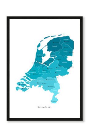 Vector isolated modern illustration. Simplified administrative map of Netherlands in blue colors. Names of the cities and provinces. White background