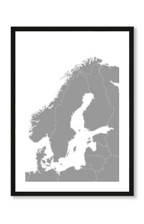 Vector isolated illustration of simplified political map of some scandinavian countries (Sweden, Finland, Norway, Denmark) and nearest areas. Borders of the states. Grey silhouettes. White outline