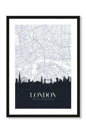 Skyline and city map of London, detailed urban plan vector print poster